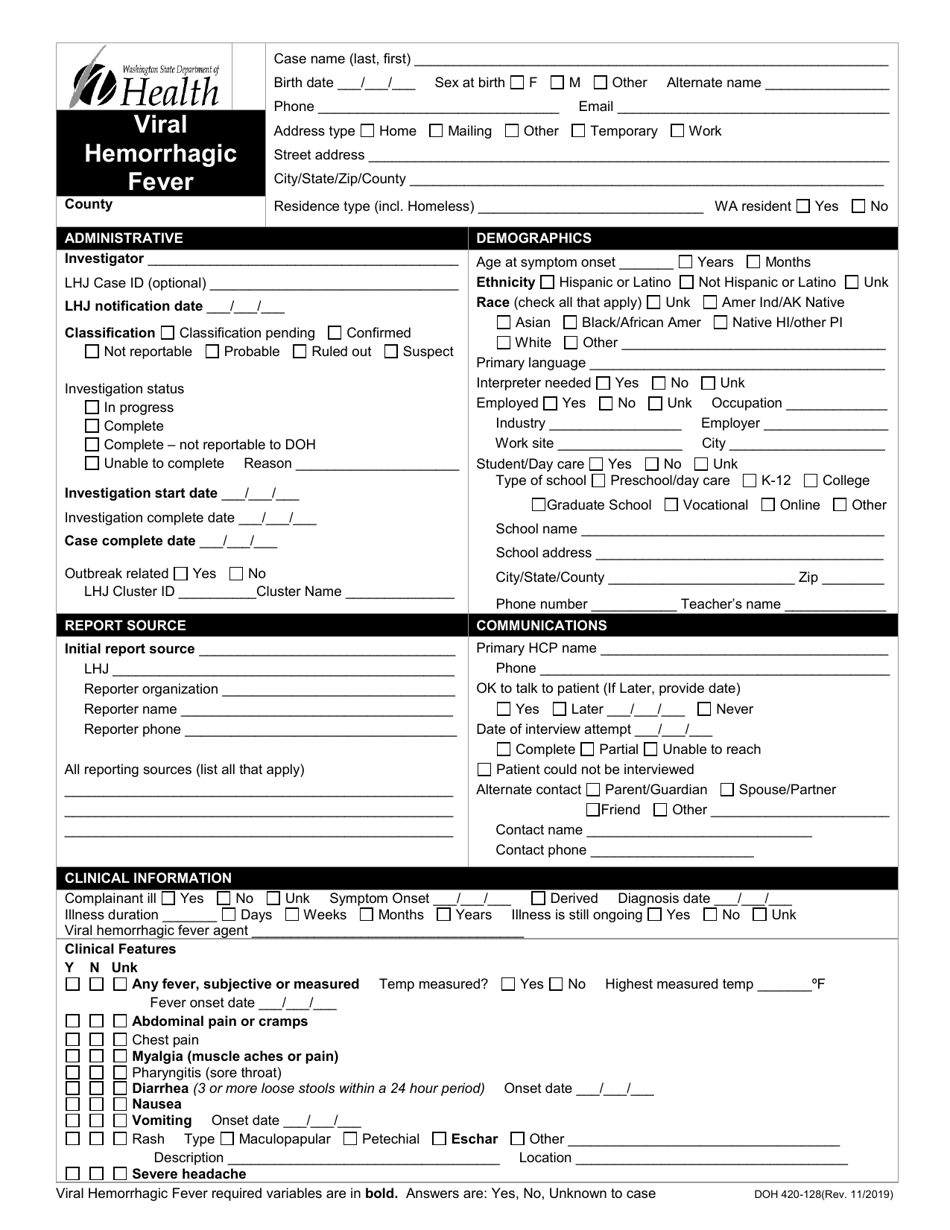 DOH Form 420-128 Viral Hemorrhagic Fever Reporting Form - Washington, Page 1