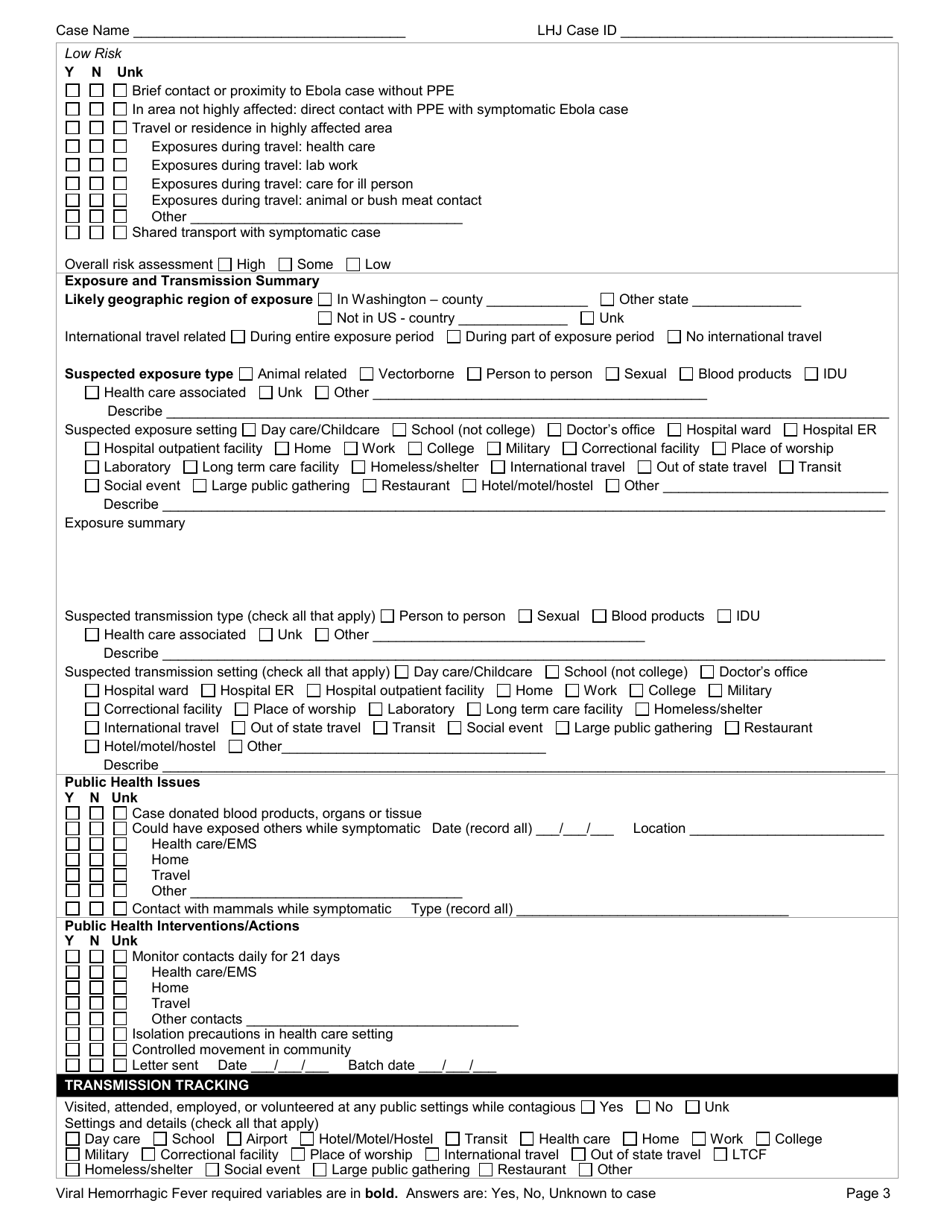DOH Form 420-128 Viral Hemorrhagic Fever Reporting Form - Washington, Page 3