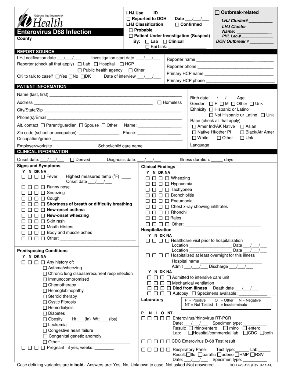 DOH Form 420-125 Enterovirus D68 Infection Reporting Form - Washington, Page 1