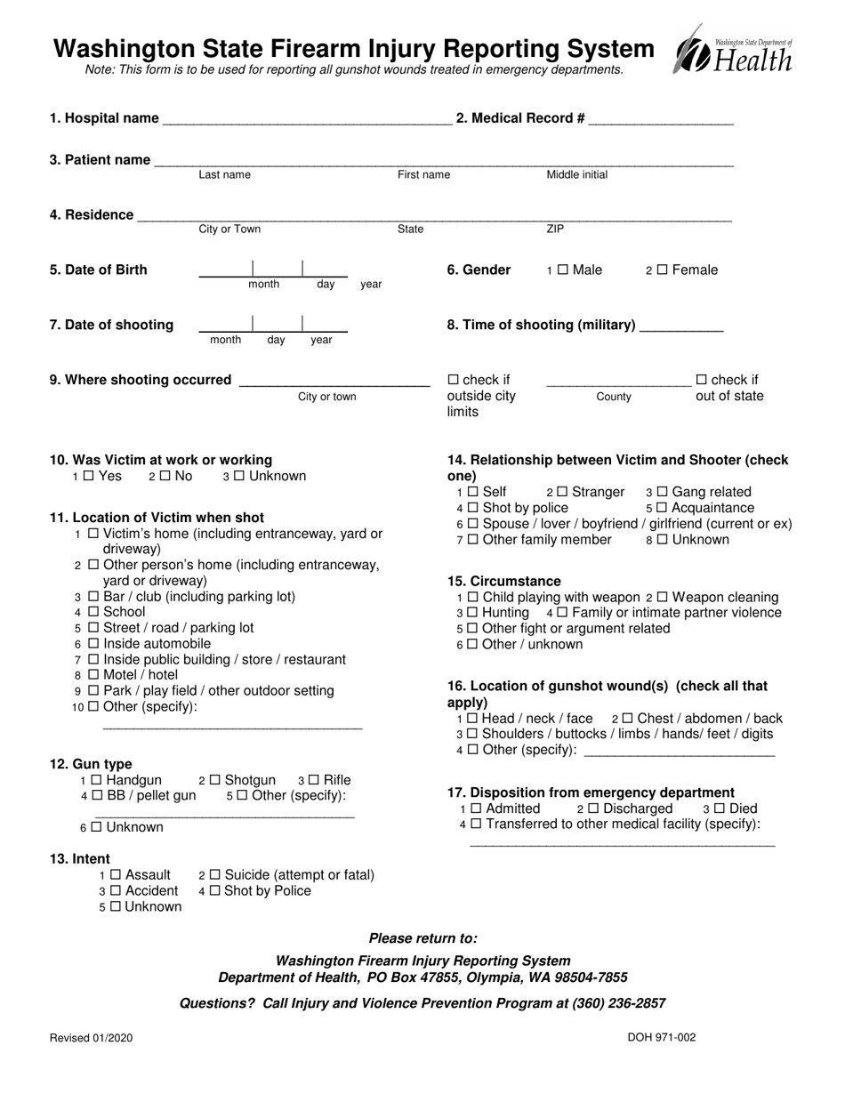 DOH Form 971-002 Washington State Firearm Injury Reporting System - Washington, Page 1