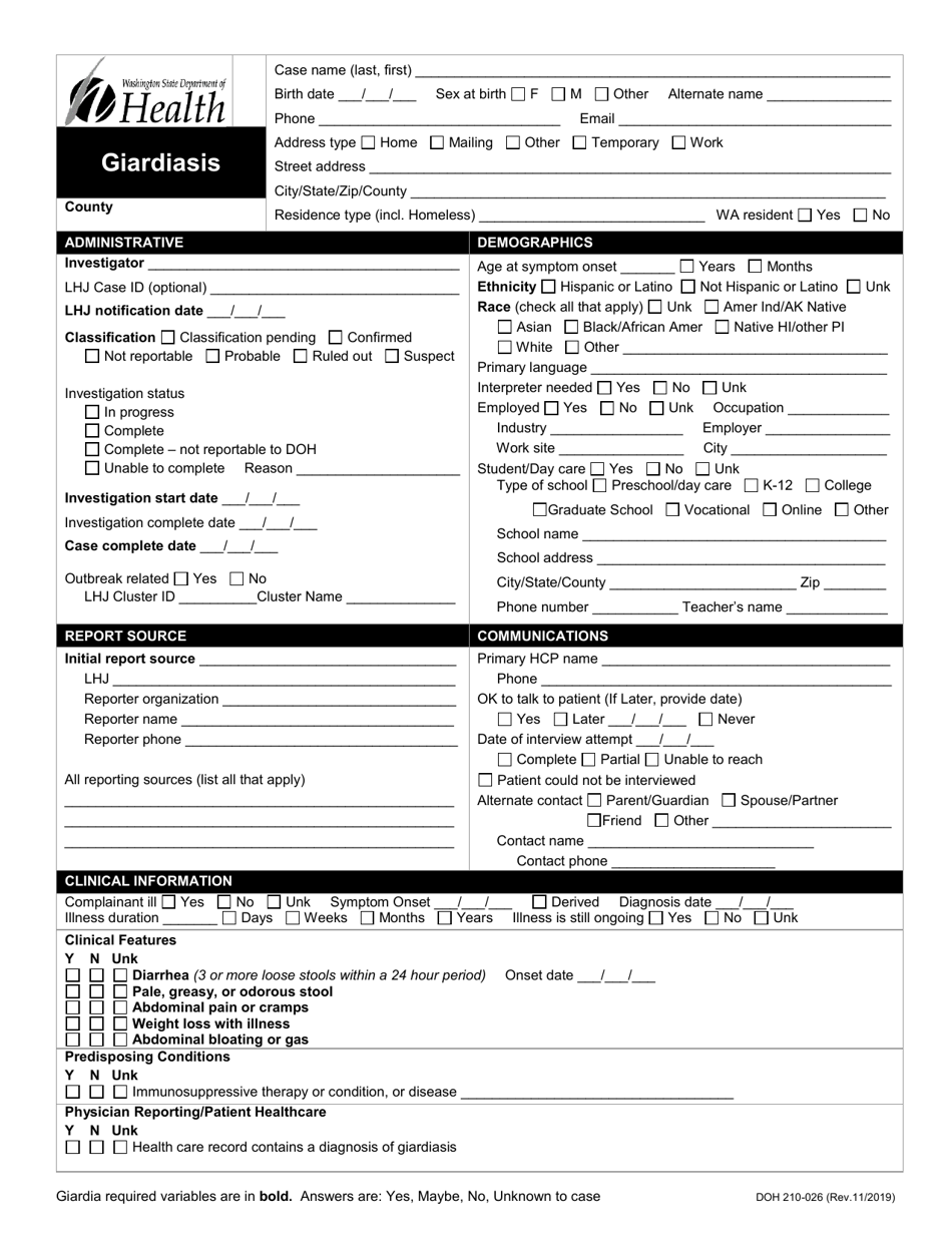 DOH Form 210-026 Giardiasis Reporting Form - Washington, Page 1