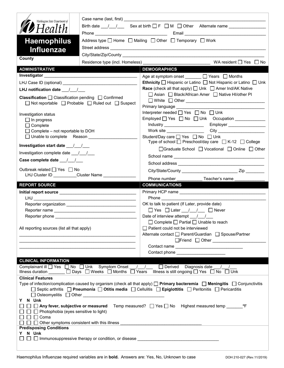 DOH Form 210-027 Haemophilus Influenzae Reporting Form - Washington, Page 1