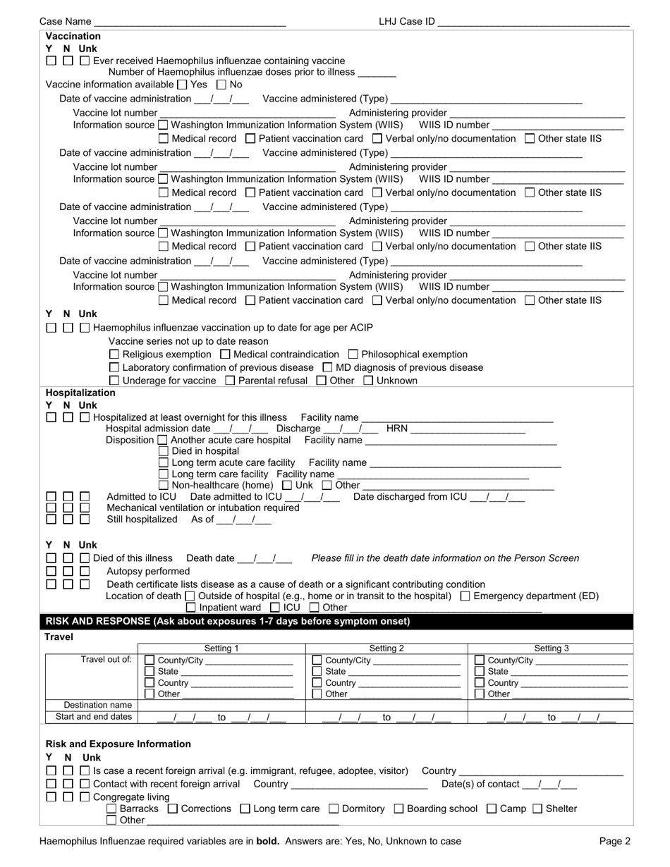 DOH Form 210-027 Haemophilus Influenzae Reporting Form - Washington, Page 2