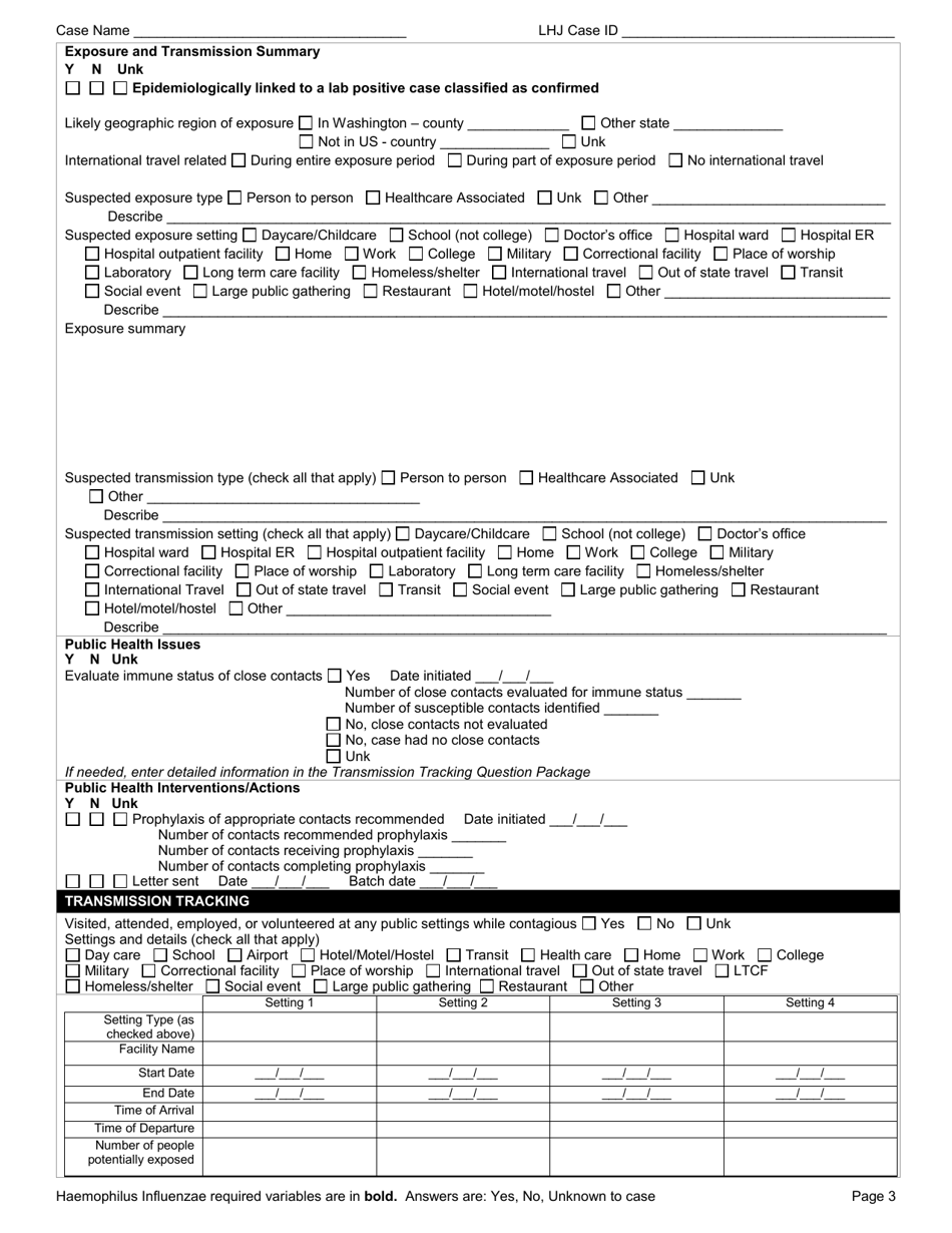 DOH Form 210-027 Haemophilus Influenzae Reporting Form - Washington, Page 3