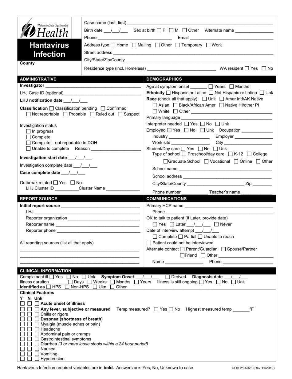 DOH Form 210-028 Hantavirus Infection Reporting Form - Washington, Page 1