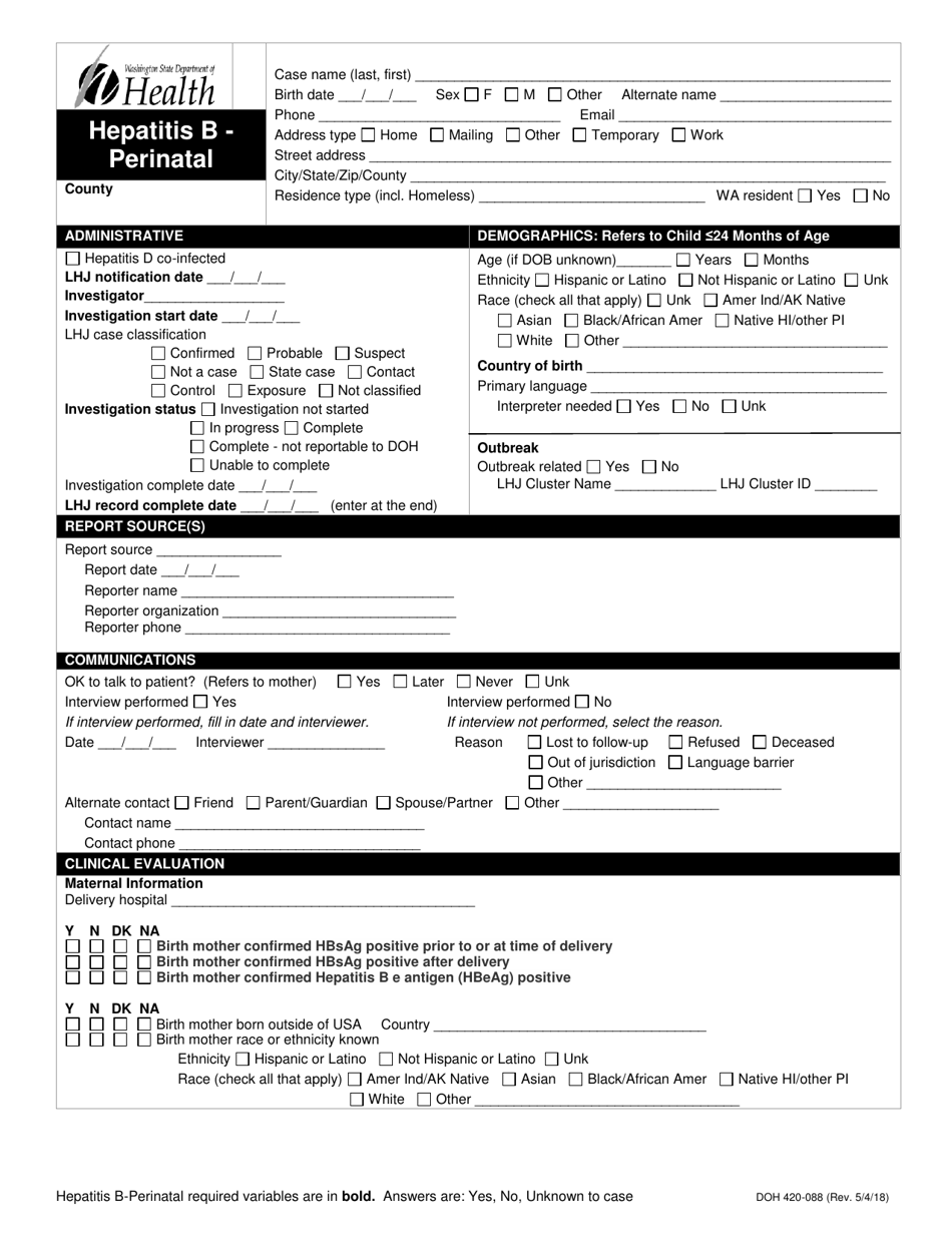 DOH Form 420-088 Perinatal Hepatitis B Reporting Form - Washington, Page 1