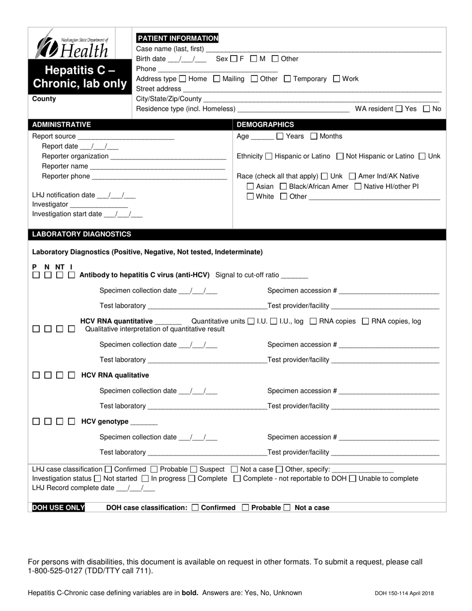 DOH Form 150-114 Hepatitis C - Chronic Reporting Form (Lab Only) - Washington, Page 1