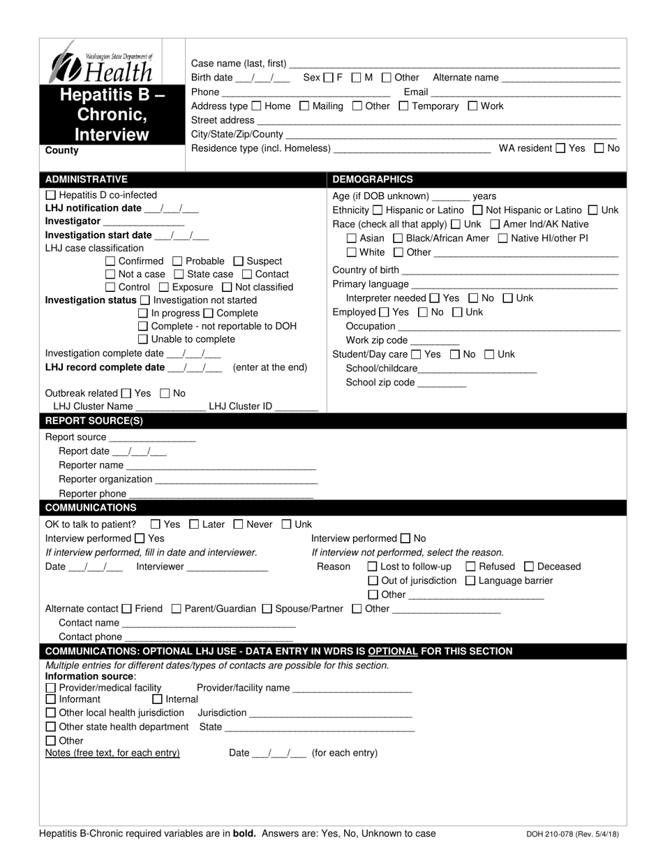 DOH Form 210-078 Hepatitis B - Chronic, Interview Reporting Form - Washington, Page 1