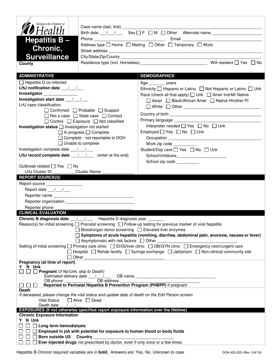 DOH Form 420-225 Hepatitis B - Chronic, Surveillance Reporting Form - Washington, Page 1