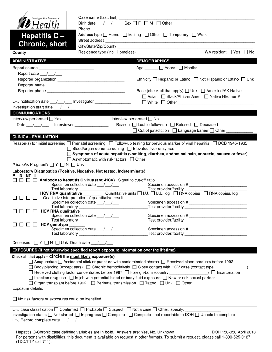DOH Form 150-050 Hepatitis C - Chronic Reporting Form (Short) - Washington, Page 1