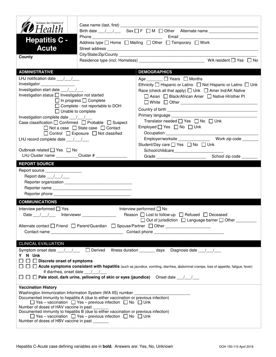 DOH Form 150-115 Hepatitis C - Acute Reporting Form - Washington, Page 1