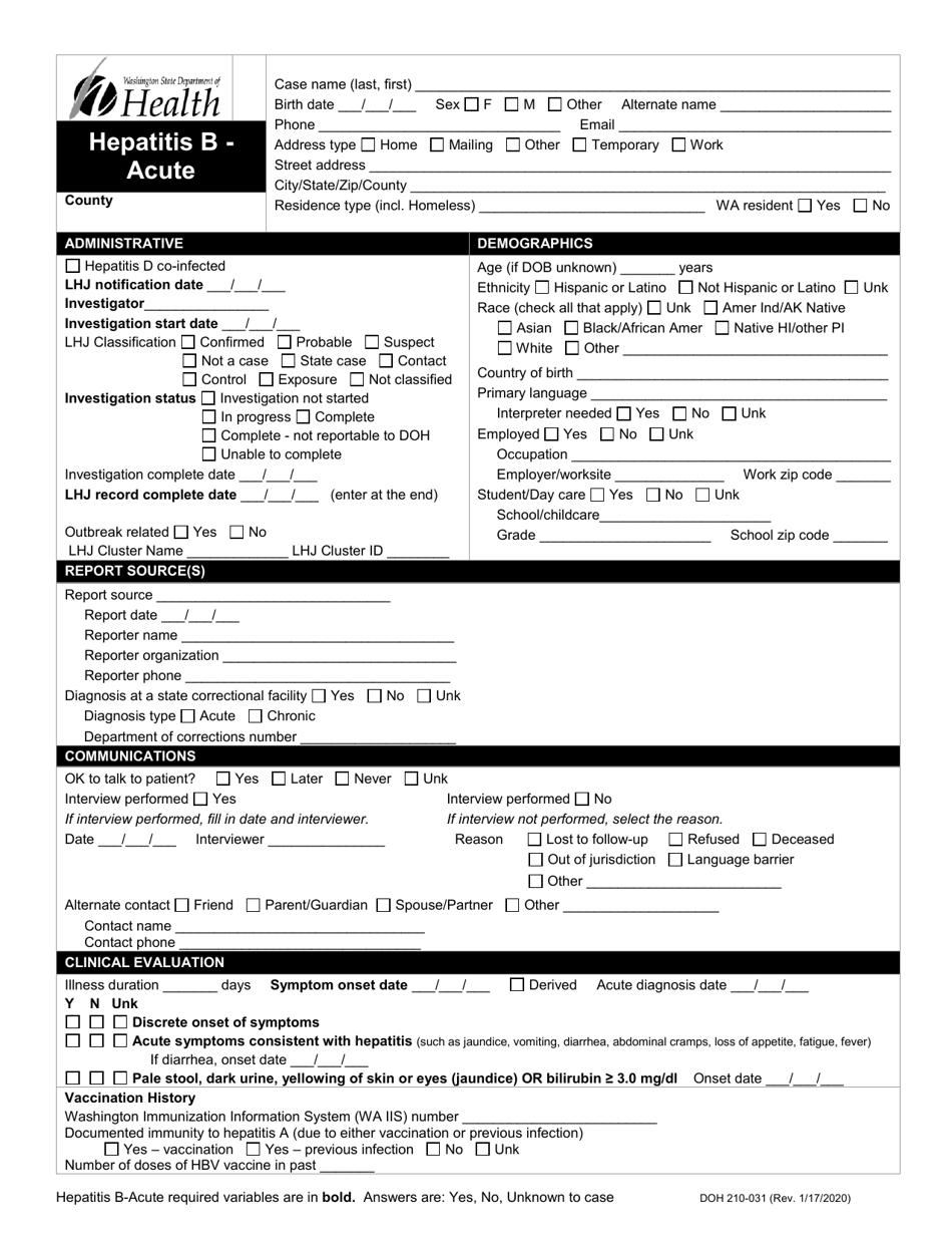 DOH Form 210-031 Hepatitis B - Acute Reporting Form - Washington, Page 1