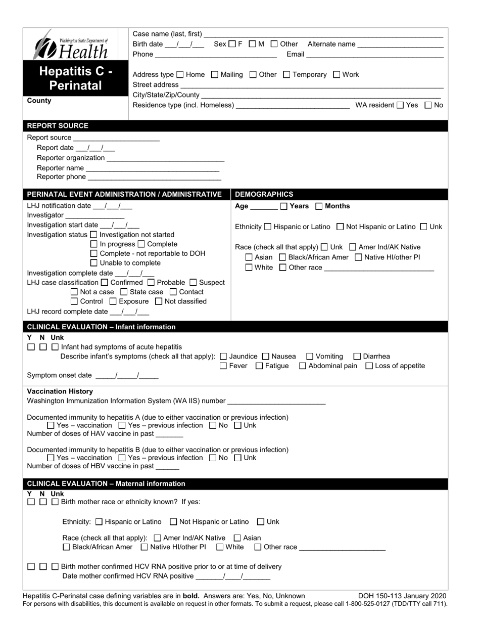 DOH Form 150-113 Hepatitis C - Perinatal Reporting Form - Washington, Page 1