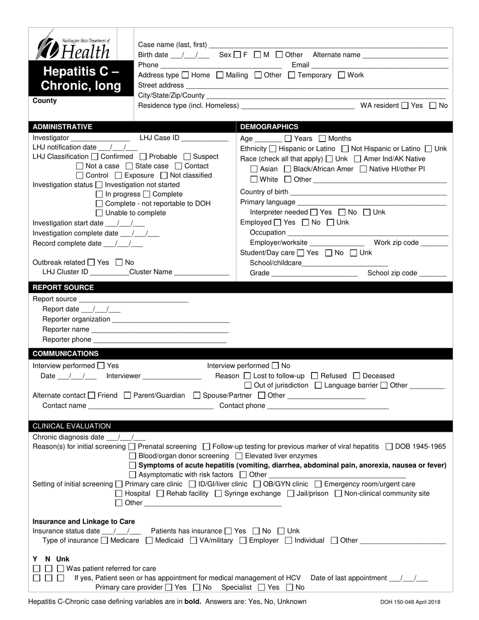 DOH Form 150-048 Hepatitis C - Chronic Reporting Form (Long) - Washington, Page 1