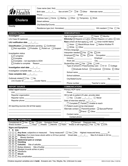 DOH Form 210-021 Cholera Reporting Form - Washington