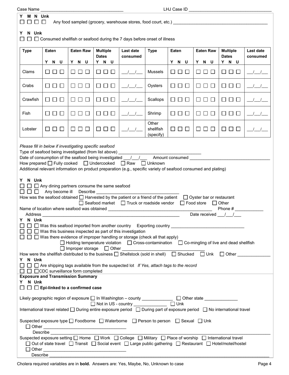 DOH Form 210-021 Cholera Reporting Form - Washington, Page 4