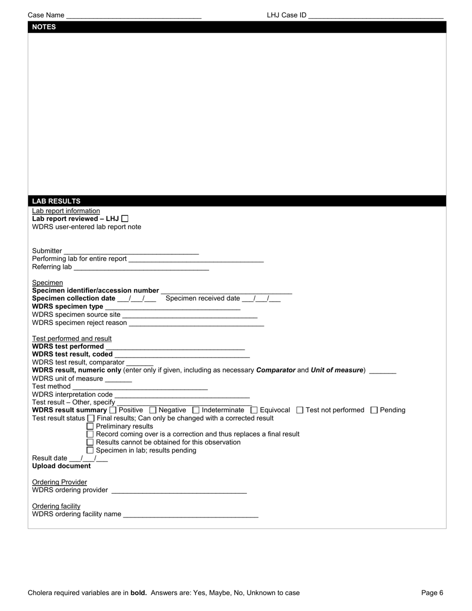 DOH Form 210-021 Cholera Reporting Form - Washington, Page 6