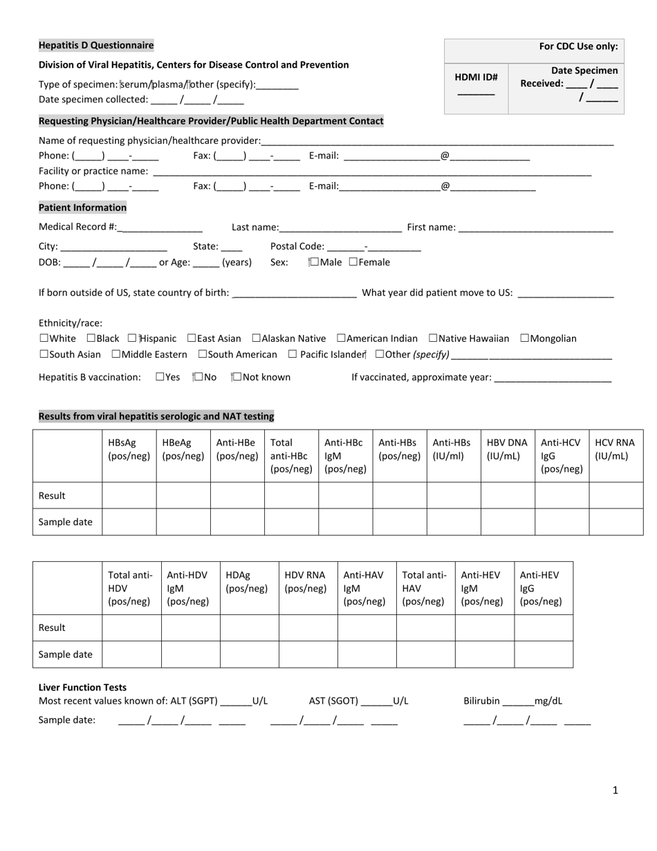 Hepatitis D Questionnaire, Page 1