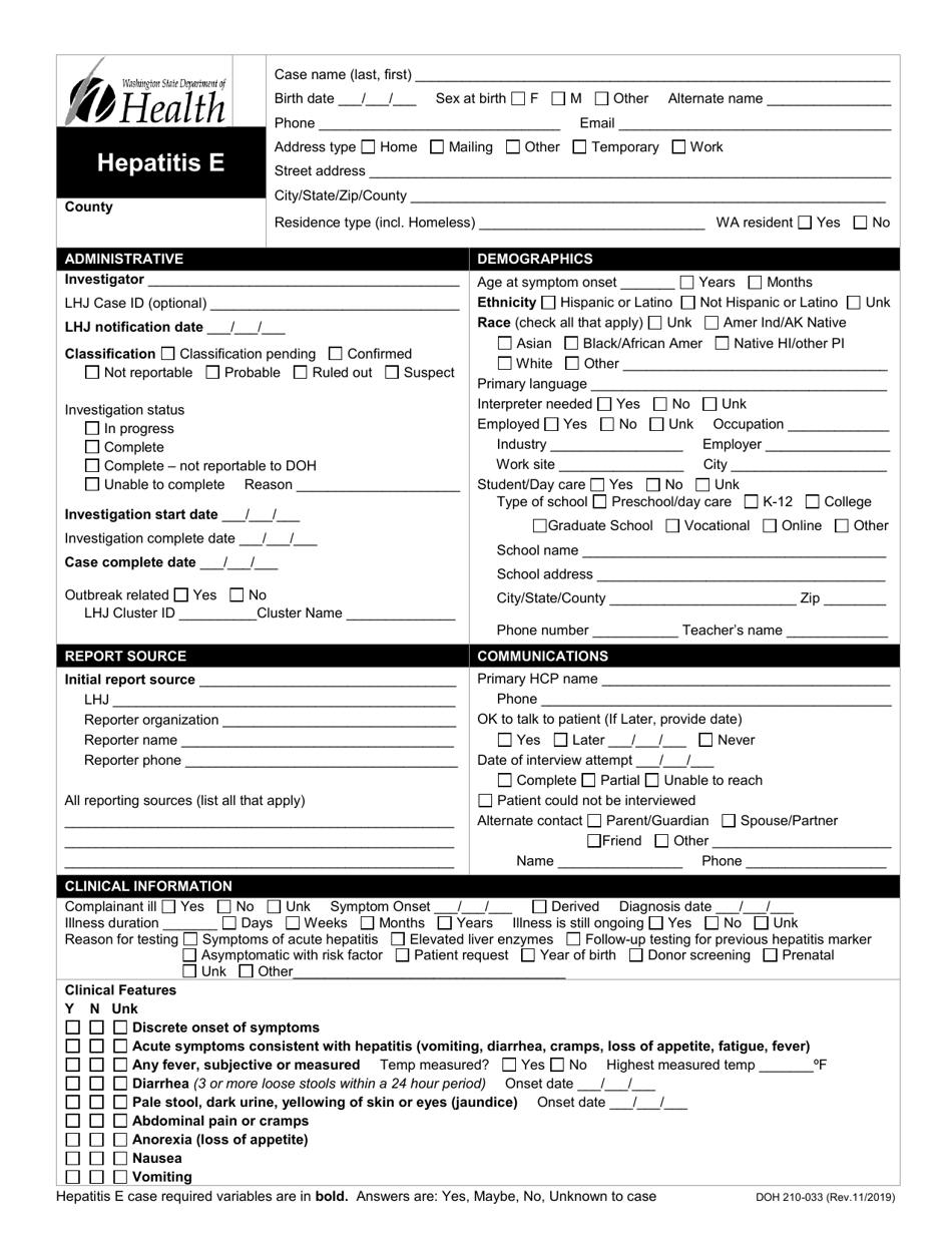 DOH Form 210-033 Hepatitis E Reporting Form - Washington, Page 1