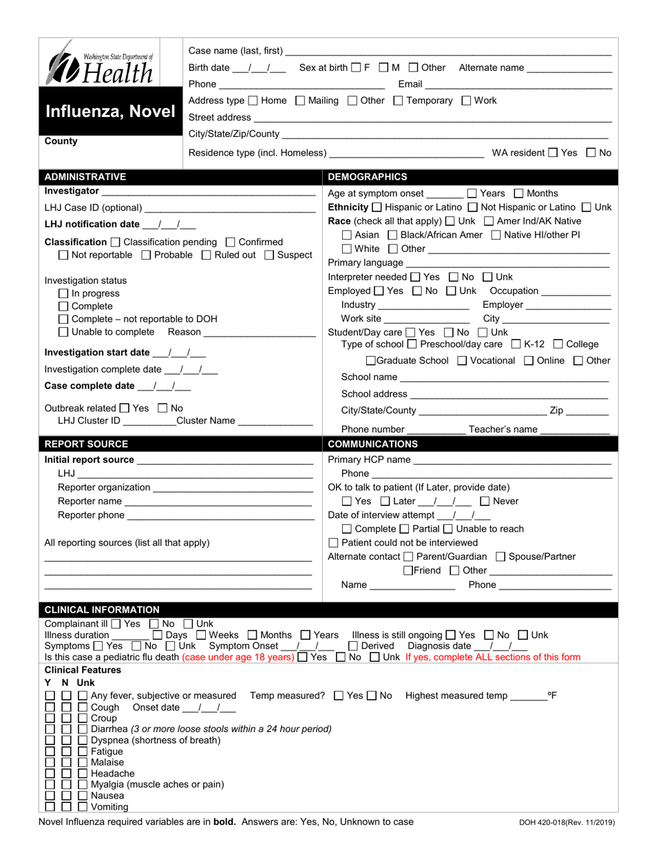 DOH Form 420-018 Novel Influenza Reporting Form - Washington, Page 1