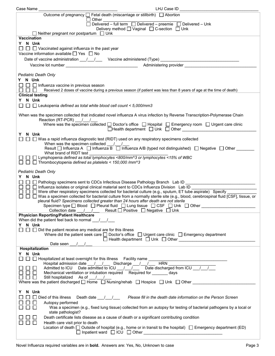 DOH Form 420-018 Novel Influenza Reporting Form - Washington, Page 3