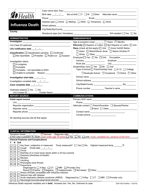 DOH Form 420-019 Influenza Death Reporting Form - Washington