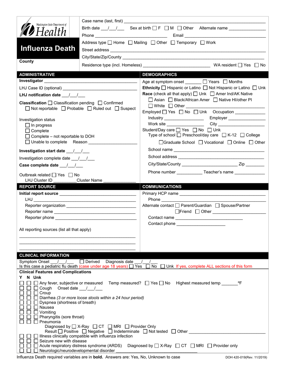 DOH Form 420-019 Influenza Death Reporting Form - Washington, Page 1