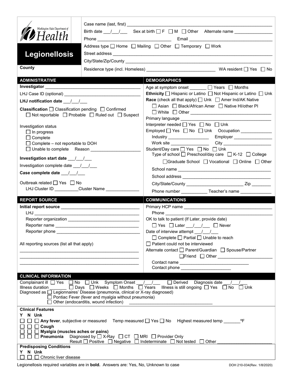DOH Form 210-034 Legionellosis Reporting Form - Washington, Page 1