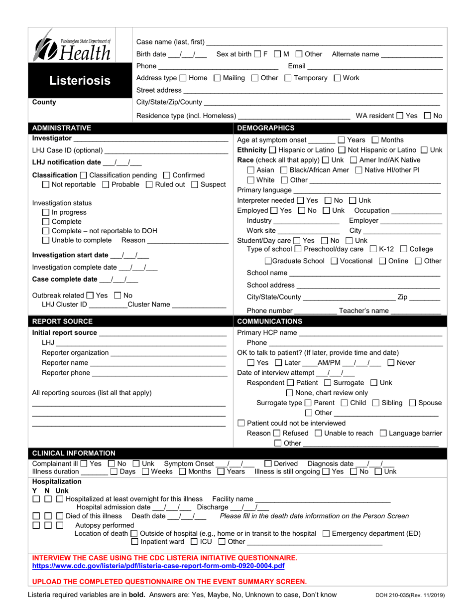 DOH Form 210-035 Listeriosis Reporting Form - Washington, Page 1
