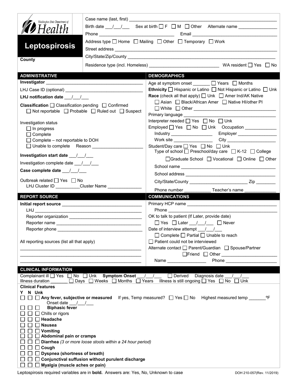 DOH Form 210-057 Leptospirosis Reporting Form - Washington, Page 1