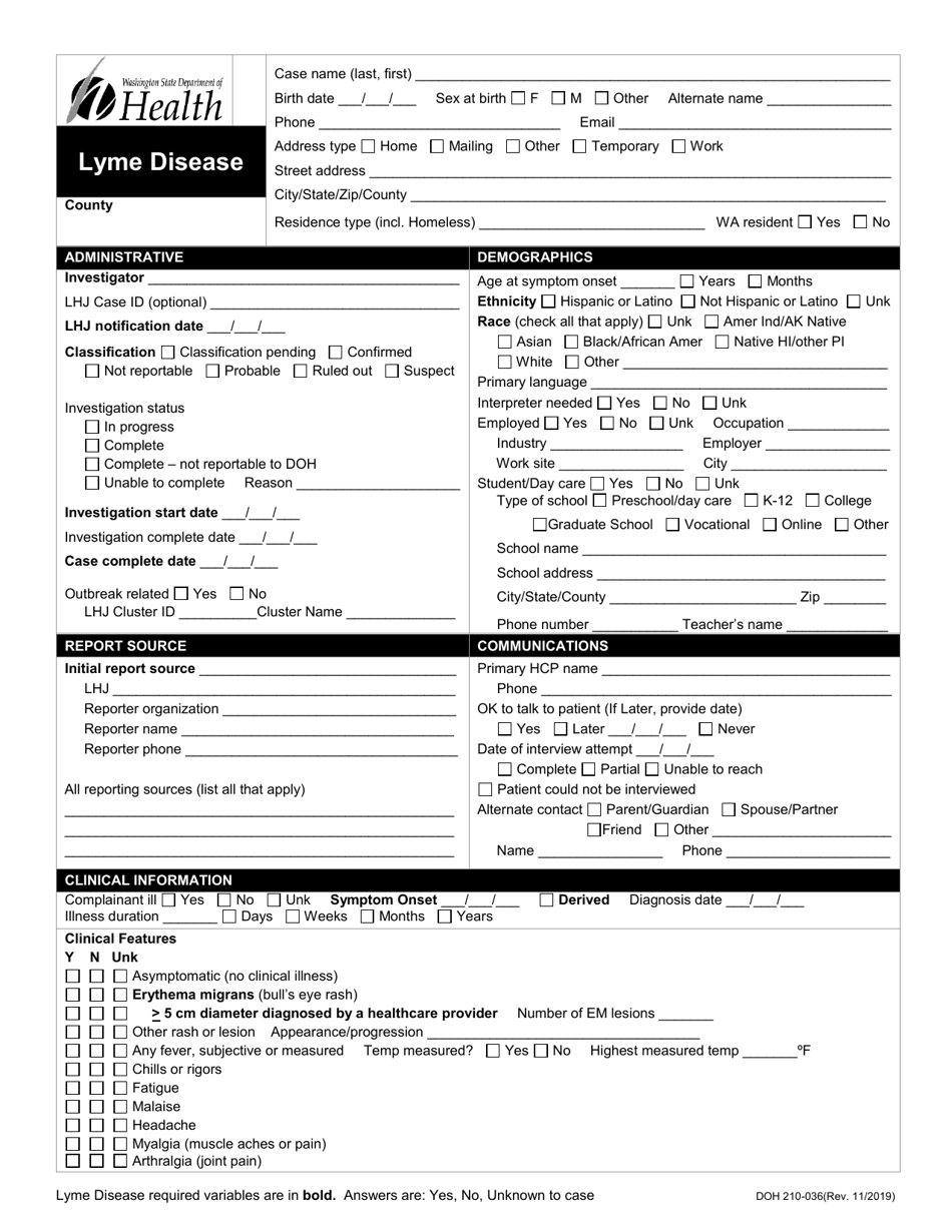 DOH Form 210-036 Lyme Disease Reporting Form - Washington, Page 1