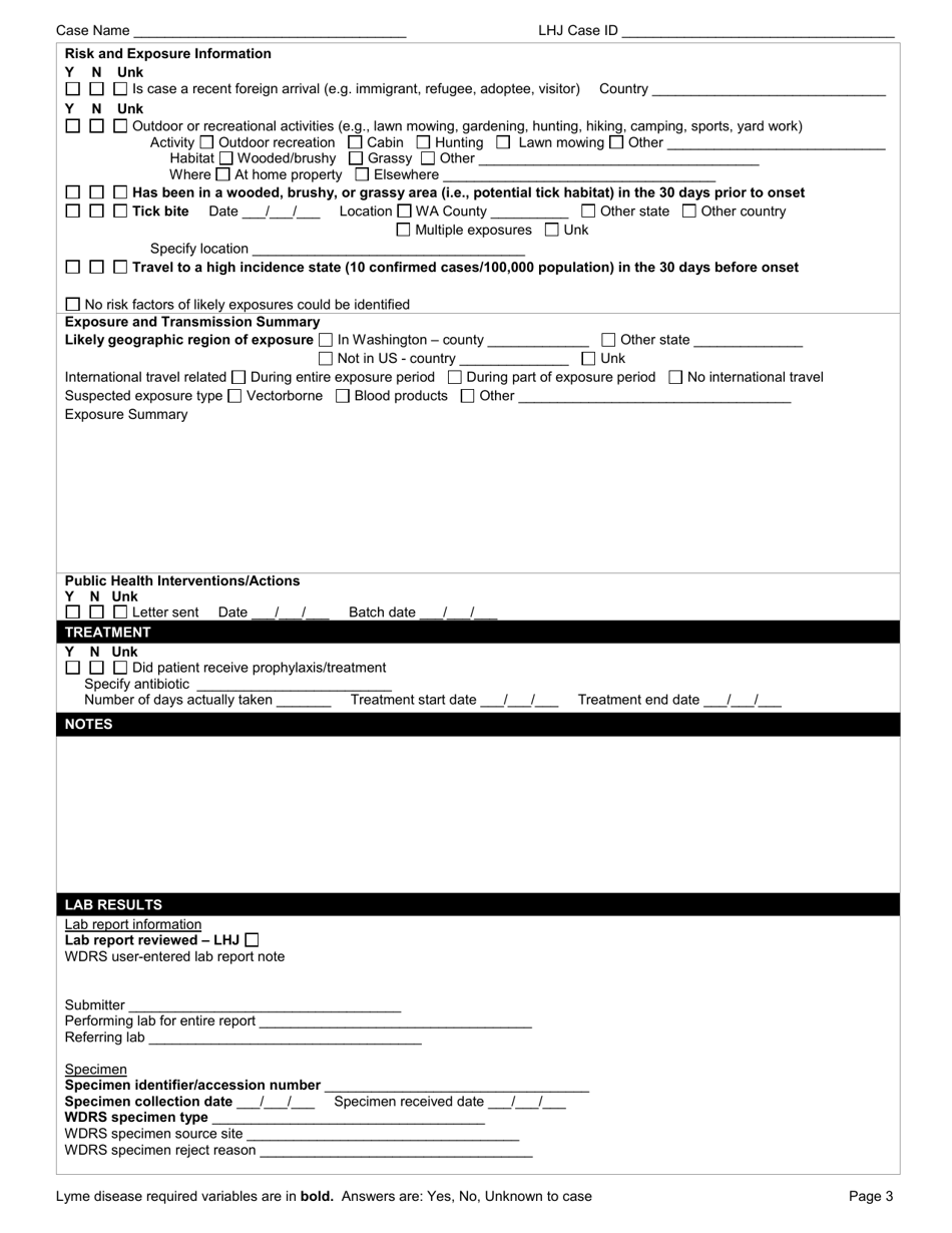 DOH Form 210-036 Lyme Disease Reporting Form - Washington, Page 3