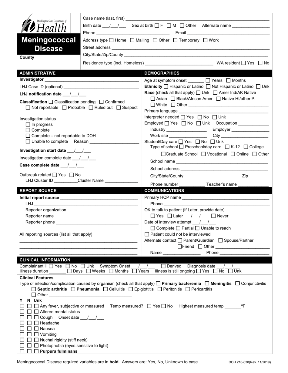 DOH Form 210-038 Meningococcal Disease Reporting Form - Washington, Page 1