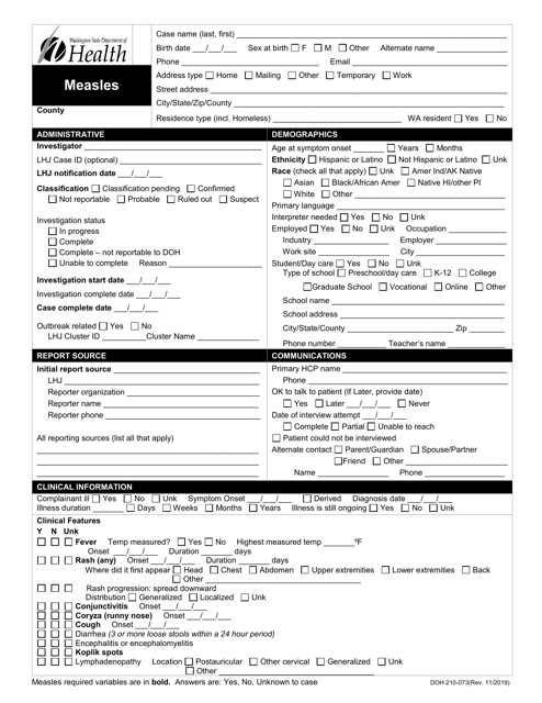 DOH Form 210-073 Measles Reporting Form - Washington