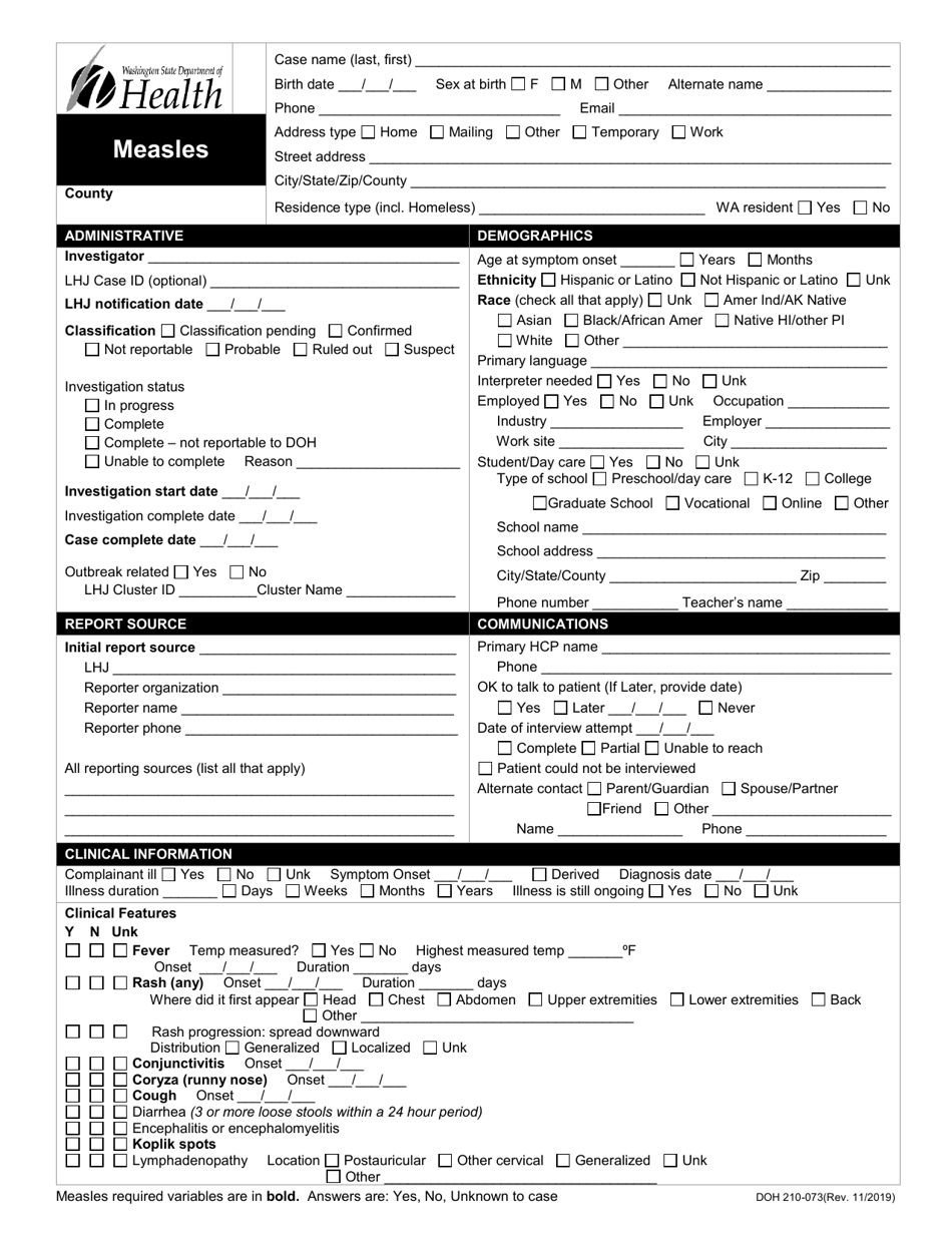 DOH Form 210-073 Measles Reporting Form - Washington, Page 1