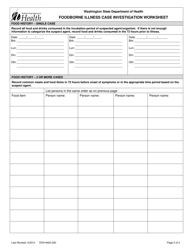DOH Form 420-020 Foodborne Illness Case Investigation Worksheet - Washington, Page 2