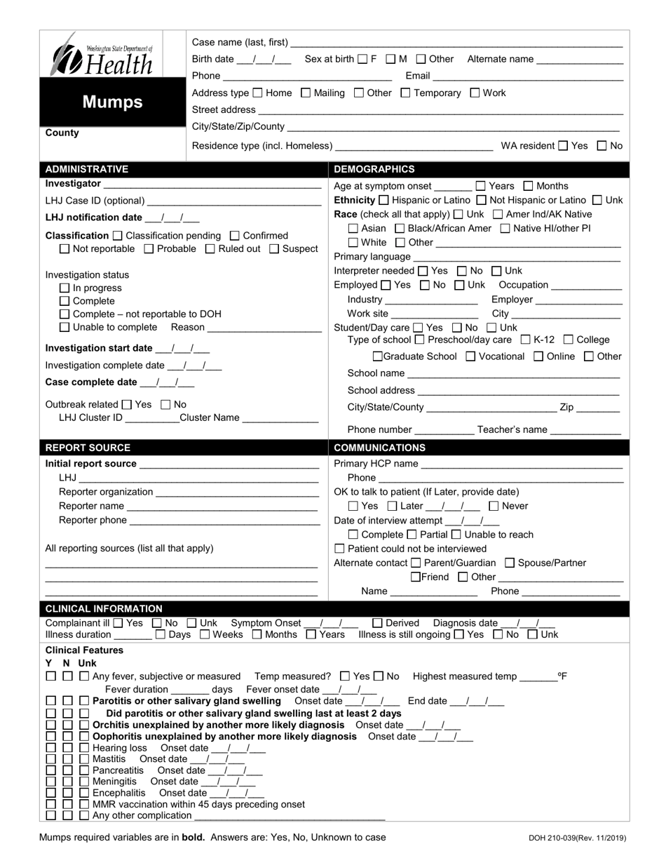 DOH Form 210-039 Mumps Reporting Form - Washington, Page 1