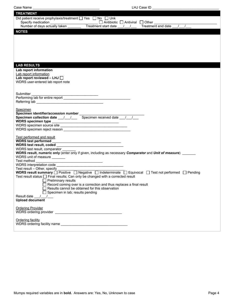 DOH Form 210-039 Mumps Reporting Form - Washington, Page 4