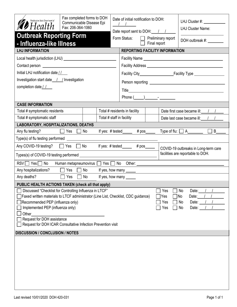 DOH Form 420-031 Outbreak Reporting Form - Influenza-like Illness - Washington, Page 1