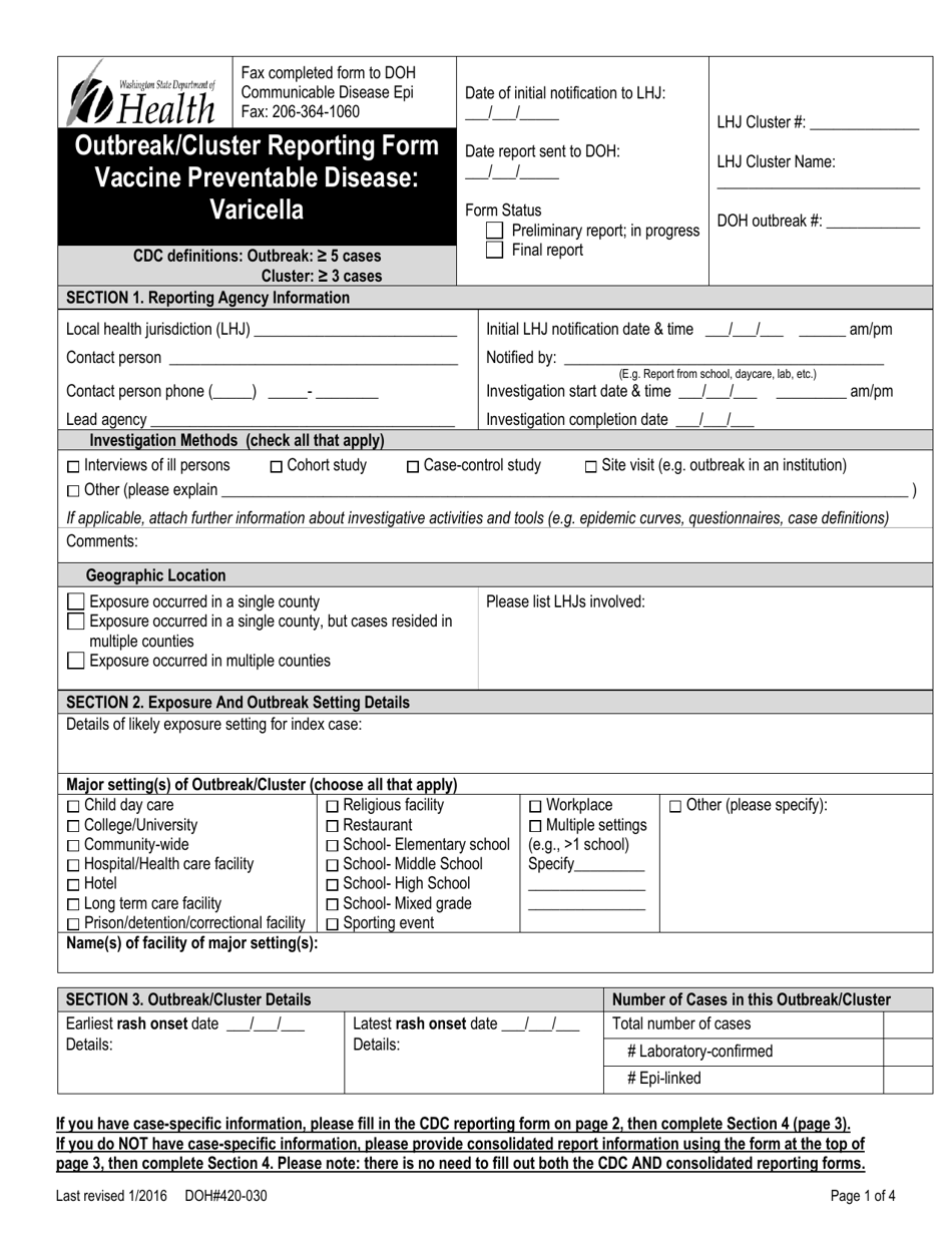 DOH Form 420-030 Outbreak / Cluster Reporting Form - Vaccine Preventable Disease: Varicella - Washington, Page 1