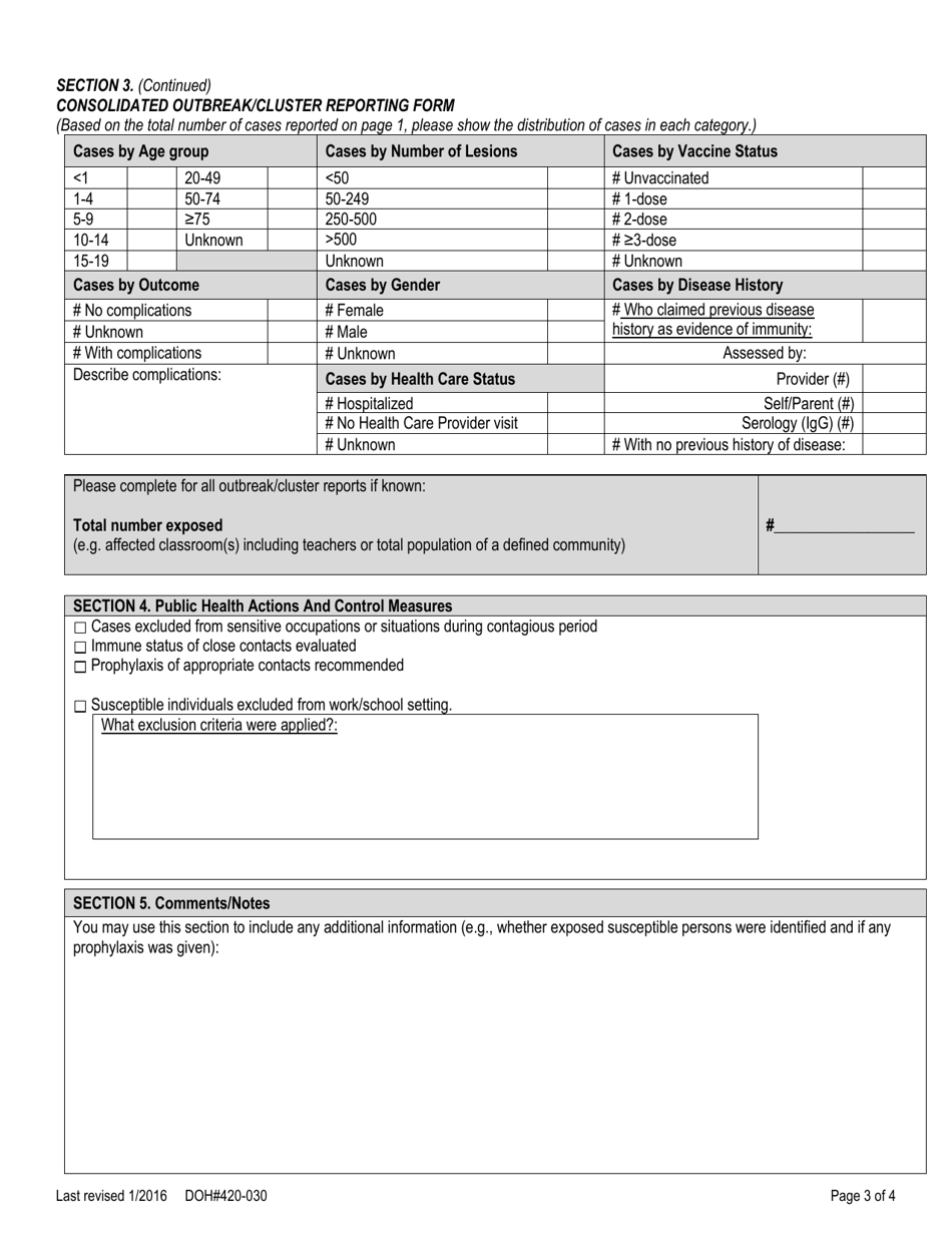 DOH Form 420-030 Outbreak / Cluster Reporting Form - Vaccine Preventable Disease: Varicella - Washington, Page 3