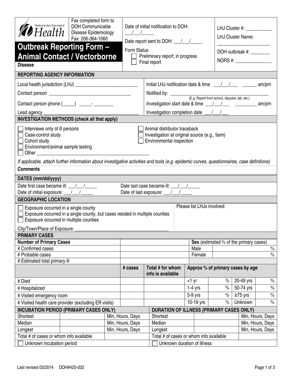 DOH Form 420-032 Outbreak Reporting Form - Animal Contact / Vectorborne - Washington, Page 1