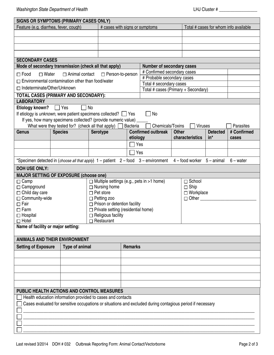 DOH Form 420-032 Outbreak Reporting Form - Animal Contact / Vectorborne - Washington, Page 2