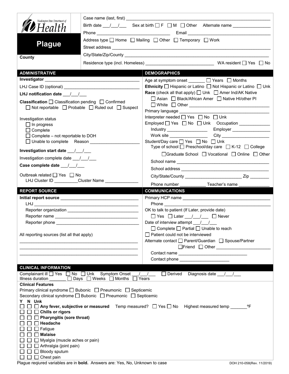 DOH Form 210-058 Plague Reporting Form - Washington, Page 1