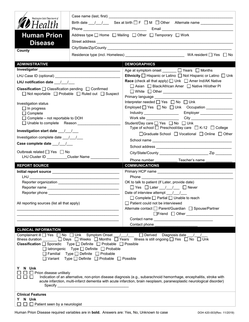 DOH Form 420-003 Human Prion Disease Reporting Form - Washington, Page 1