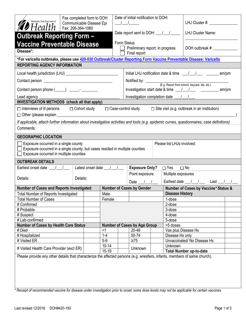 DOH Form 420-193 Outbreak Reporting Form - Vaccine Preventable Disease - Washington, Page 1