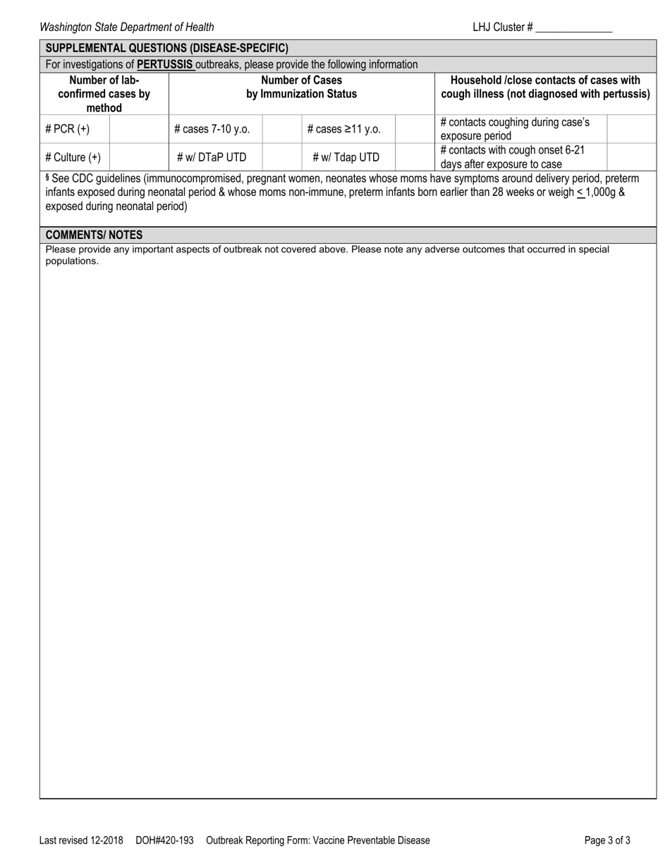 DOH Form 420-193 Outbreak Reporting Form - Vaccine Preventable Disease - Washington, Page 3