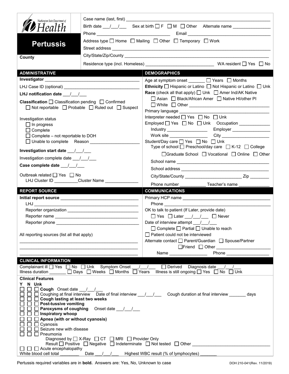 DOH Form 210-041 Pertussis Reporting Form - Washington, Page 1