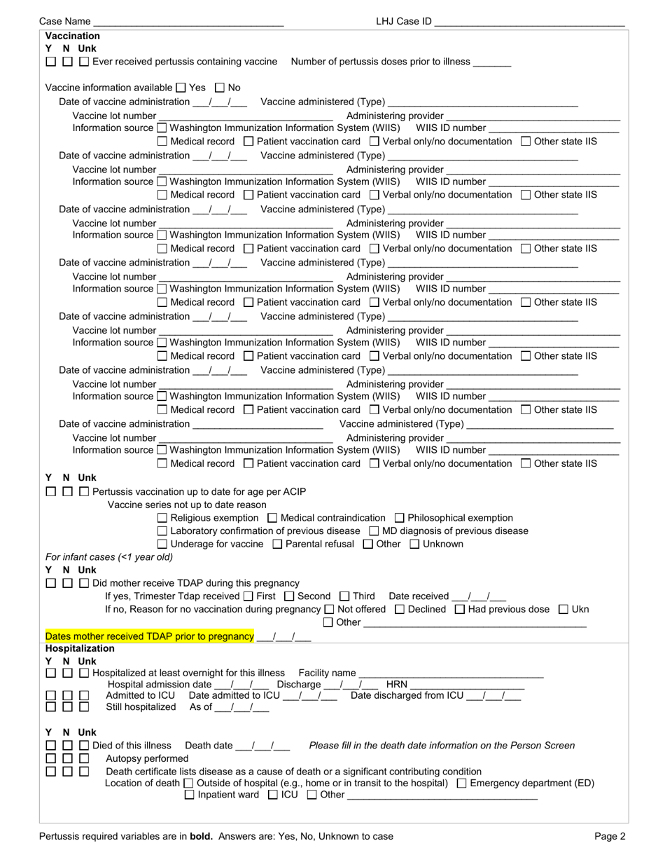 DOH Form 210-041 Pertussis Reporting Form - Washington, Page 2
