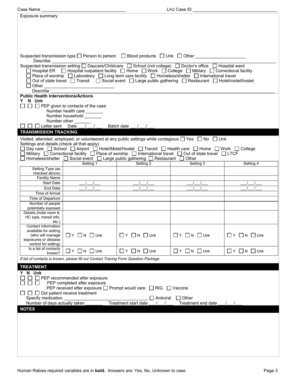 DOH Form 210-060 Human Rabies Reporting Form - Washington, Page 3
